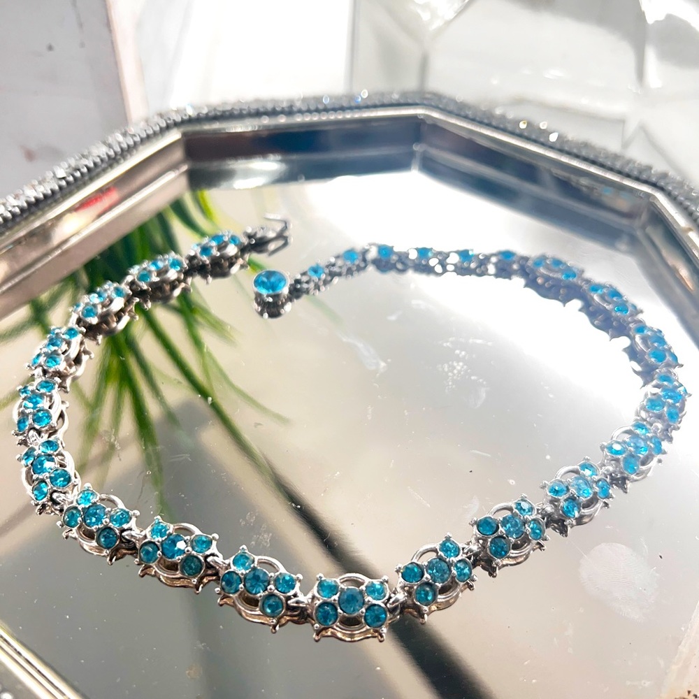 1920s Art Deco Choker Necklace Juliana style, Vintage Jewelry Blue Topaz style